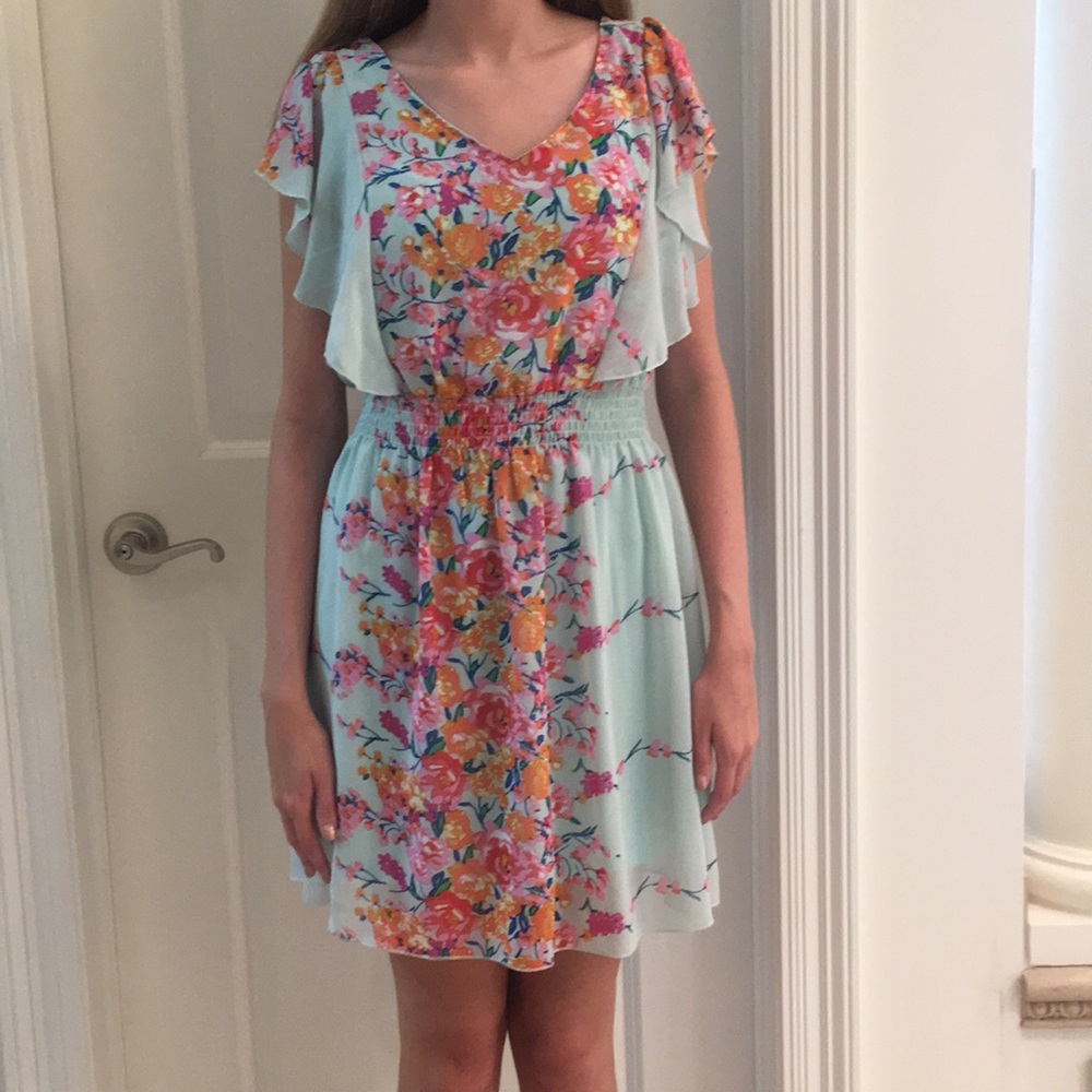 Mint and flowered patterned flowy dress